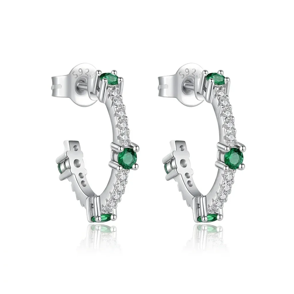 Сребърни обеци халки със зелени камъни