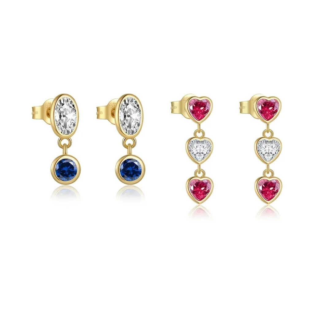 Златисти висящи обеци със сърца и циркони