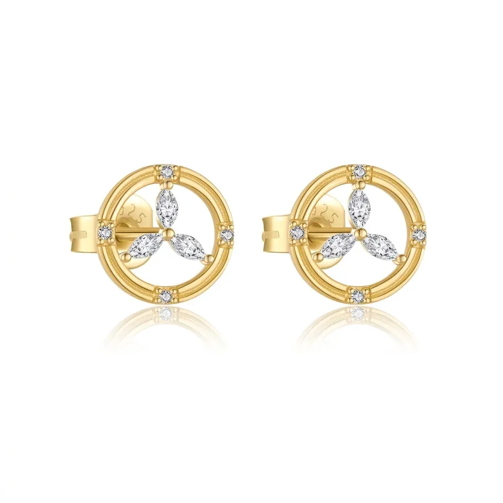 עגילי צמוד זהב משובצי זירקונים עגולים