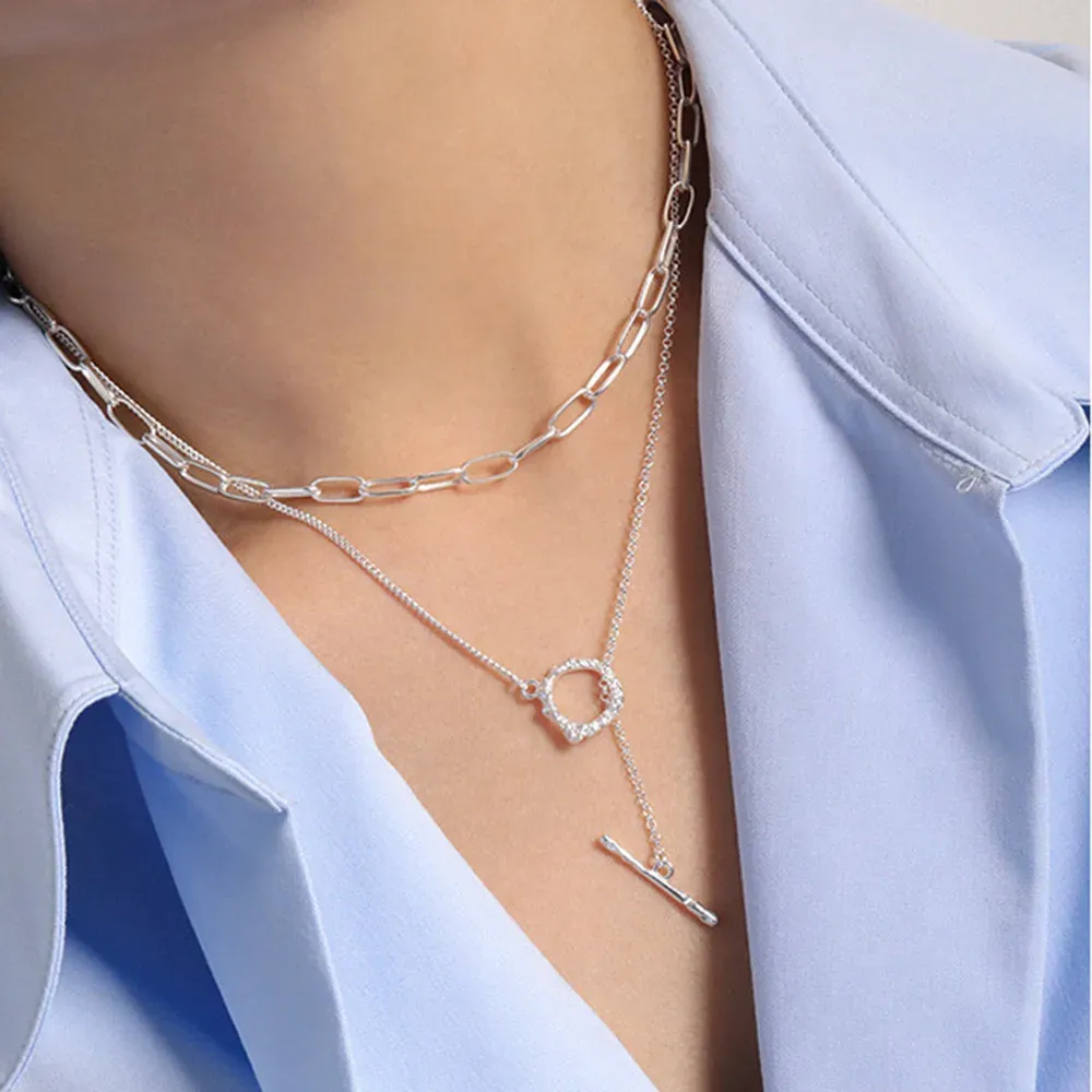 ANDYWEN 925 сребърно чокър колие с кръгъл циркон и удължител