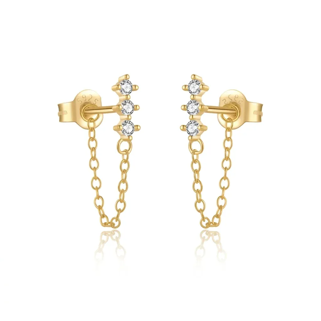 Златисти обеци с три камъка и синджирче