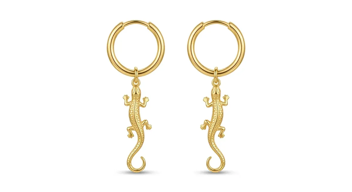 Златисти висящи обеци с гущер и CZ