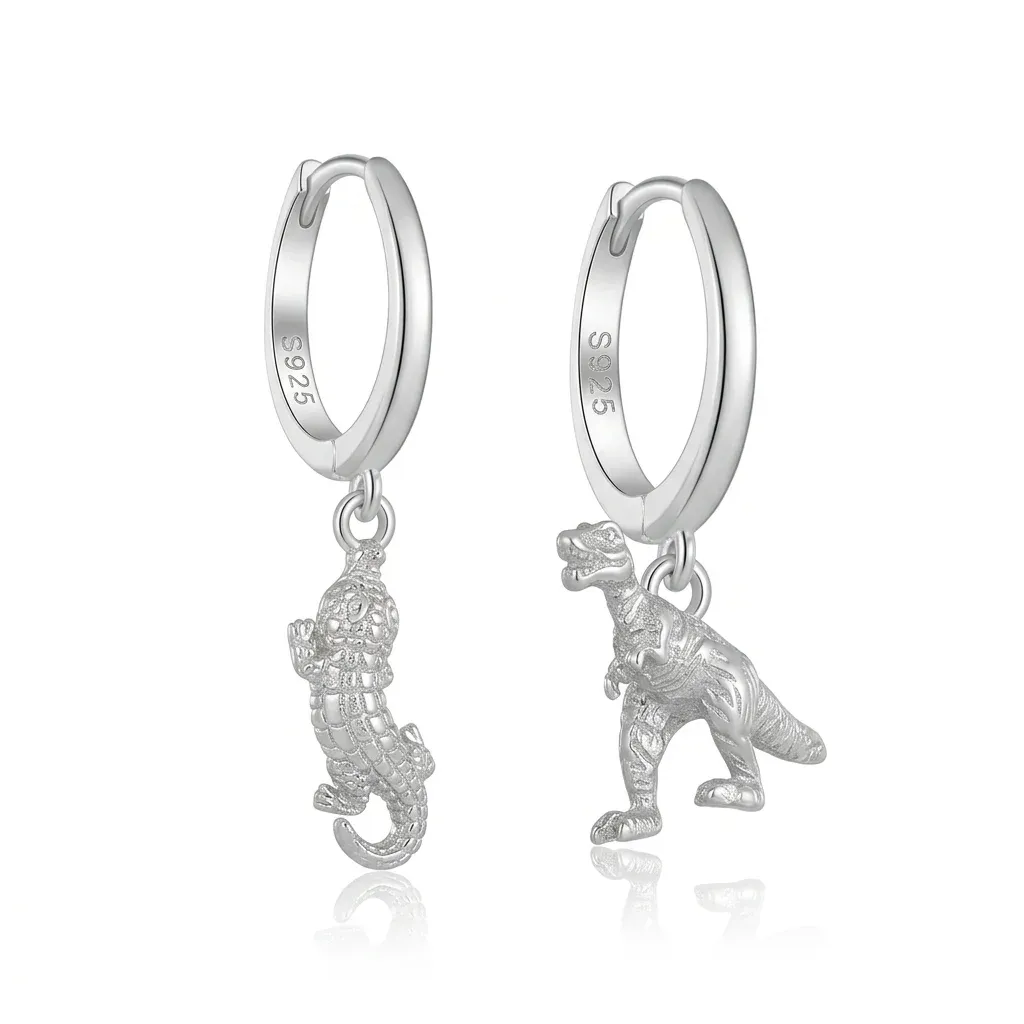 Сребърни висящи обеци с гущер и динозавър