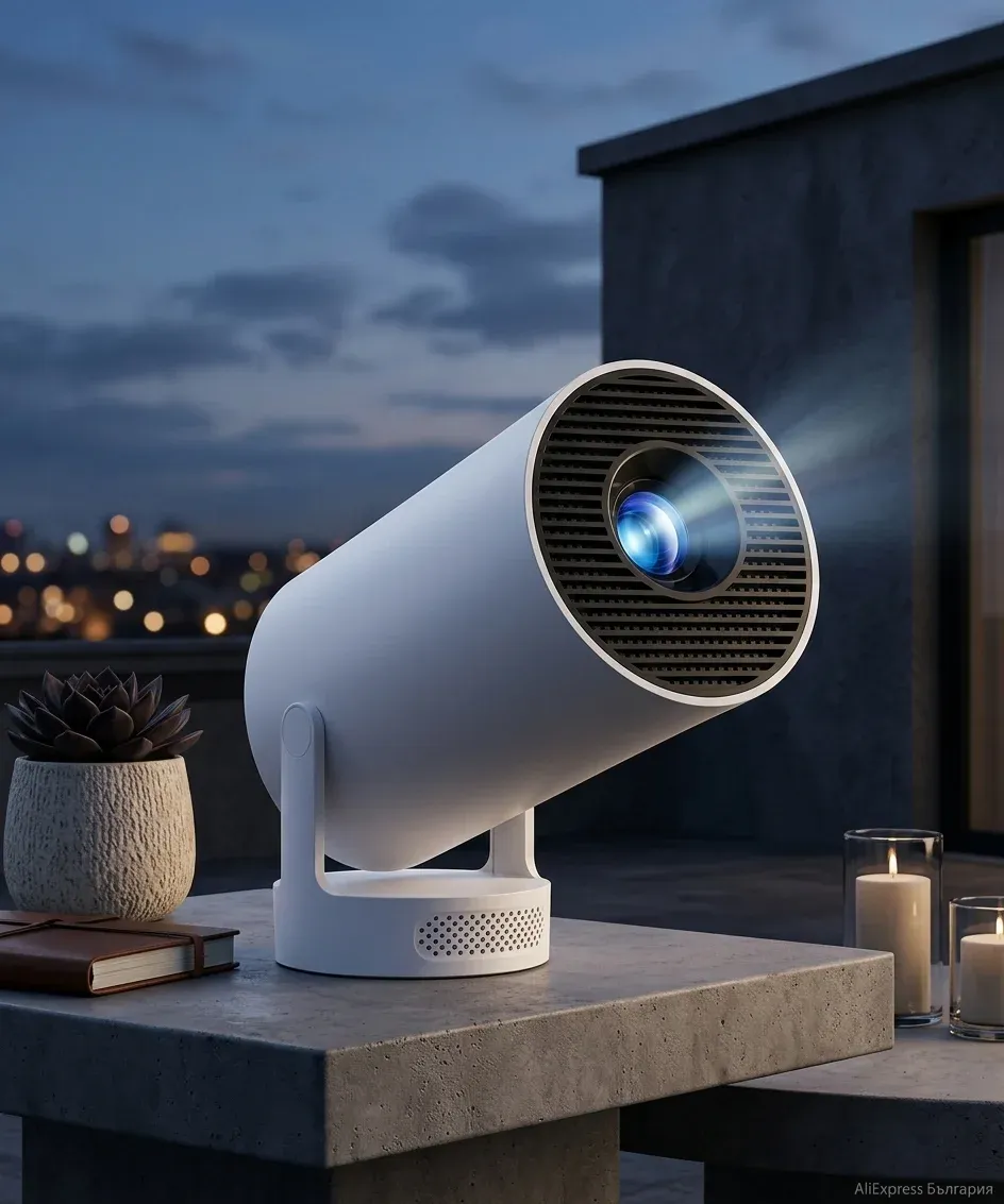 Портативен проектор Magcubic на вечерна тераса