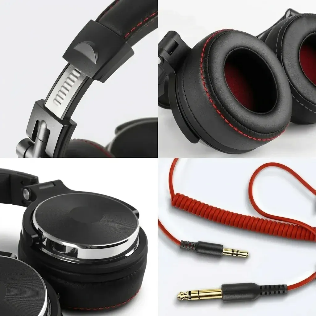 Студийни черни слушалки OneOdio с червен кабел