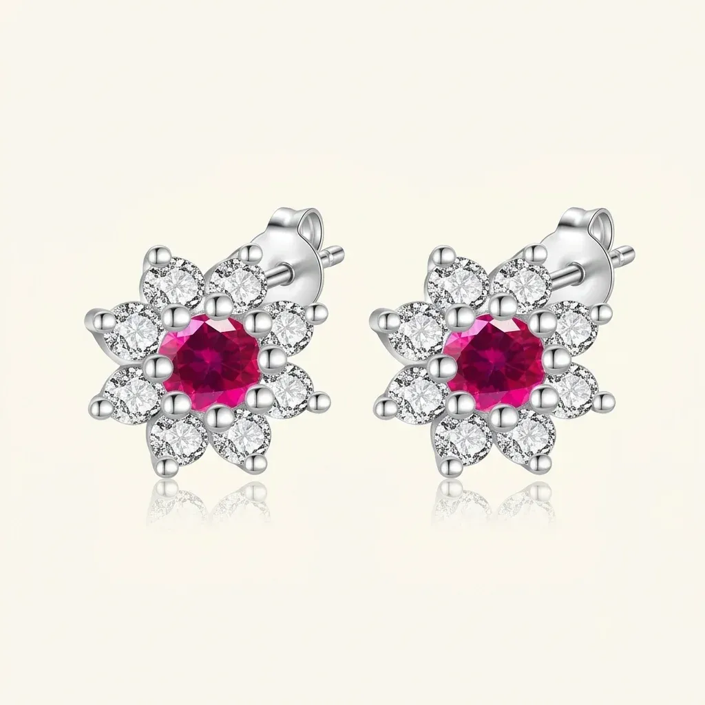 Сребърни обеци цвете с червен циркон