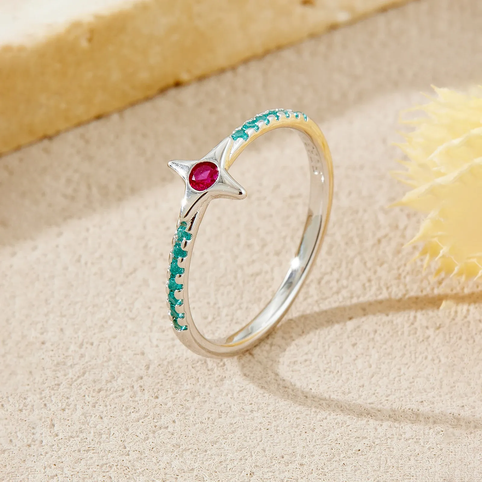 ANDYWEN 925 сребърен пръстен със звезден мотив и цветни цирконии