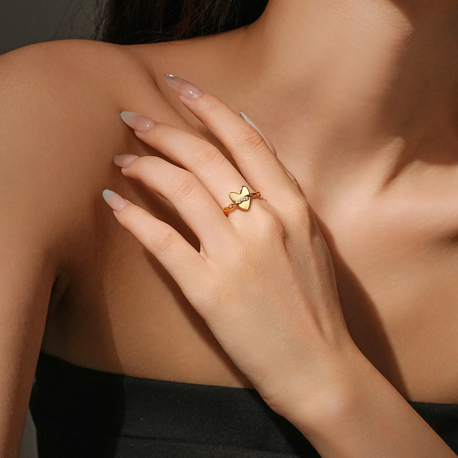 ANDYWEN 925 сребърен регулируем пръстен с усукано сърце и циркон