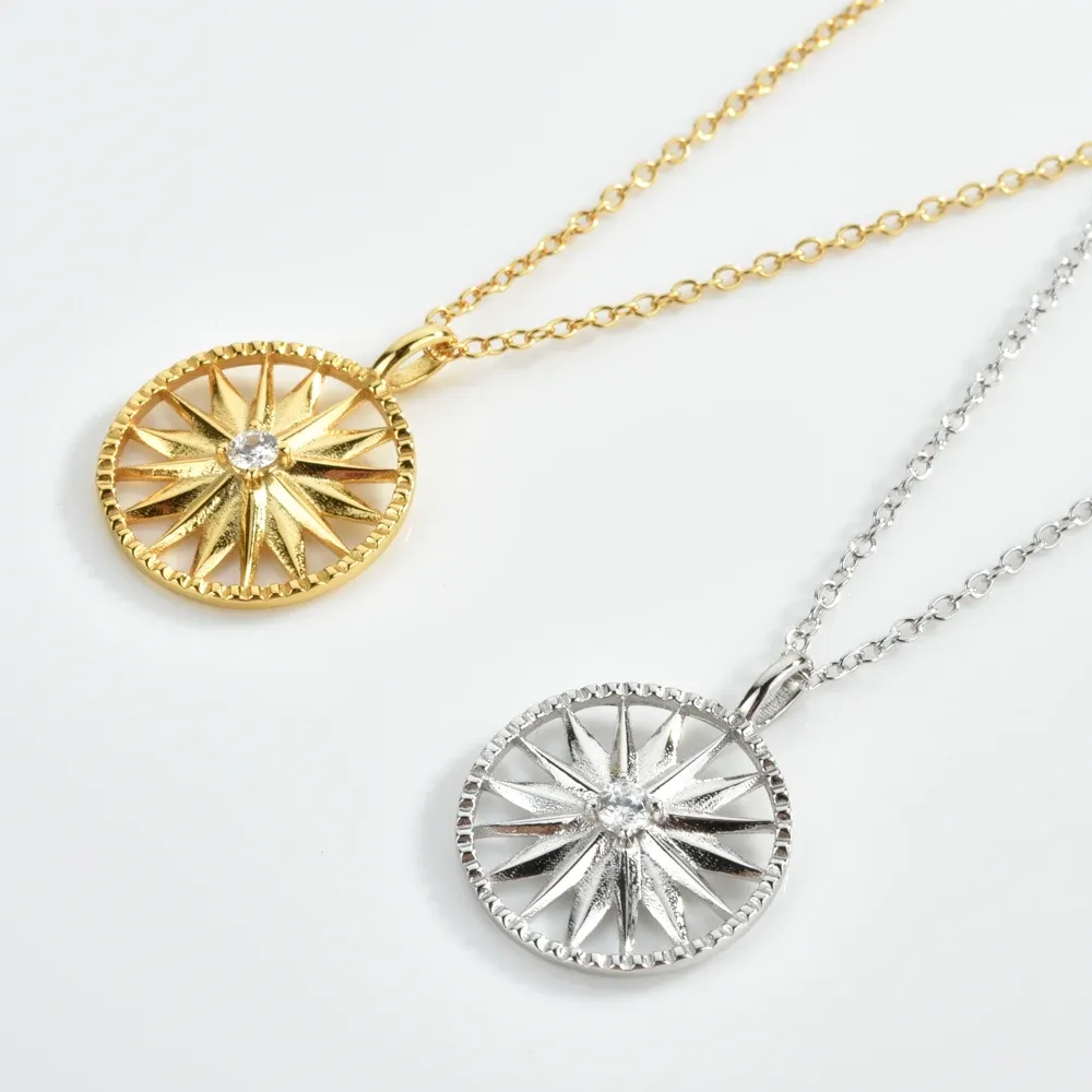 ANDYWEN 925 сребърно колие с шиповиден кръгъл медальон и дълга верижка