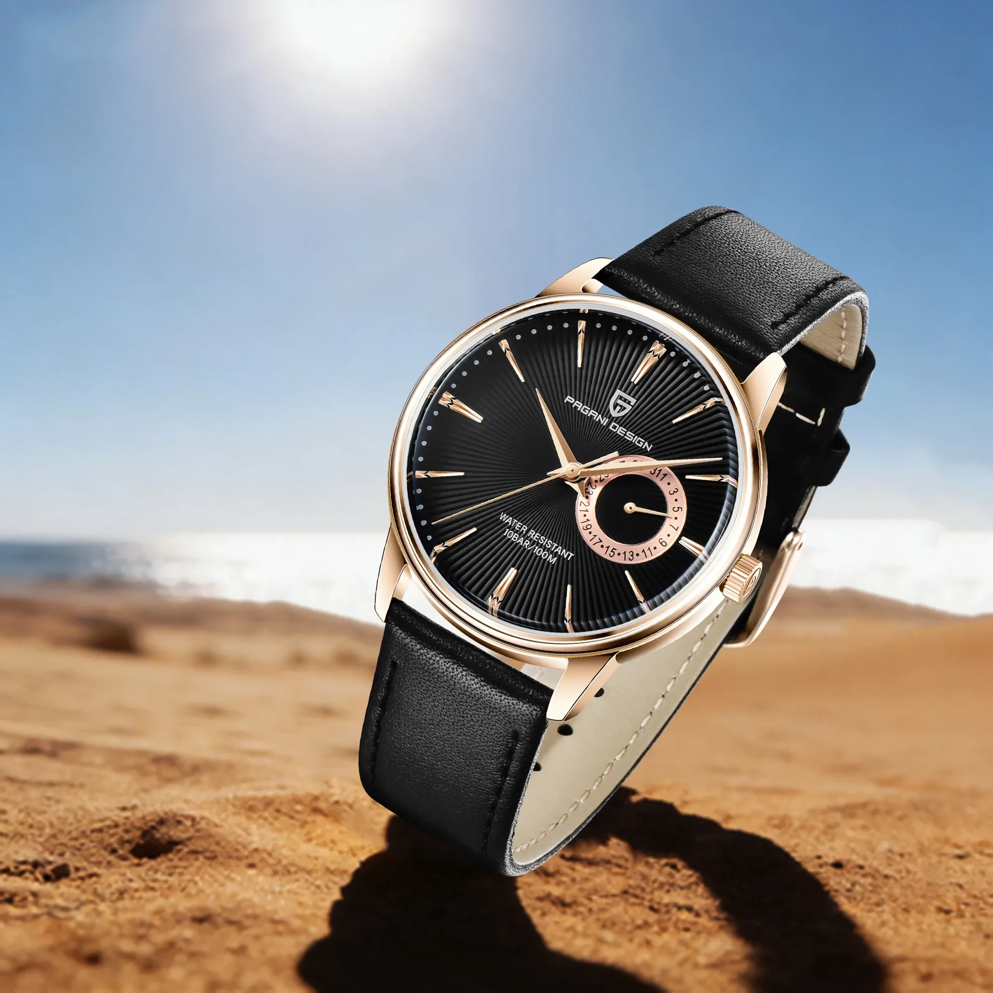Елегантен мъжки кварцов часовник PAGANI DESIGN с кожена каишка и календар
