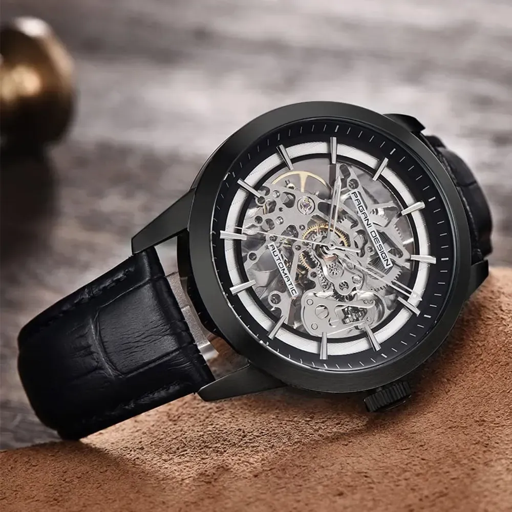 PAGANI DESIGN Hollow Men автоматичен часовник със сапфир и кожа