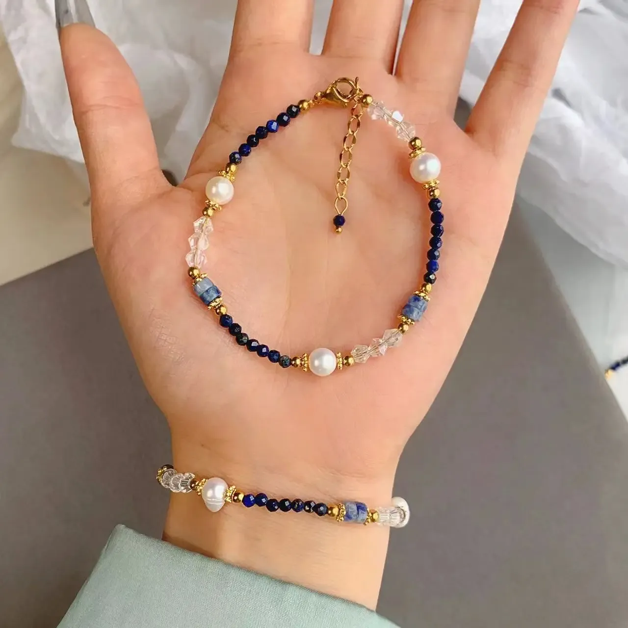 Дамски комплект с естествени перли и лазурит с 14K позлата