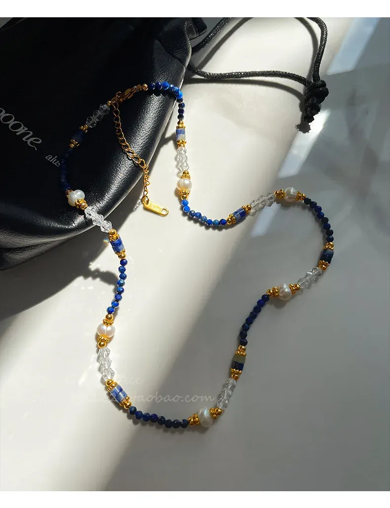 Дамски комплект с естествени перли и лазурит с 14K позлата