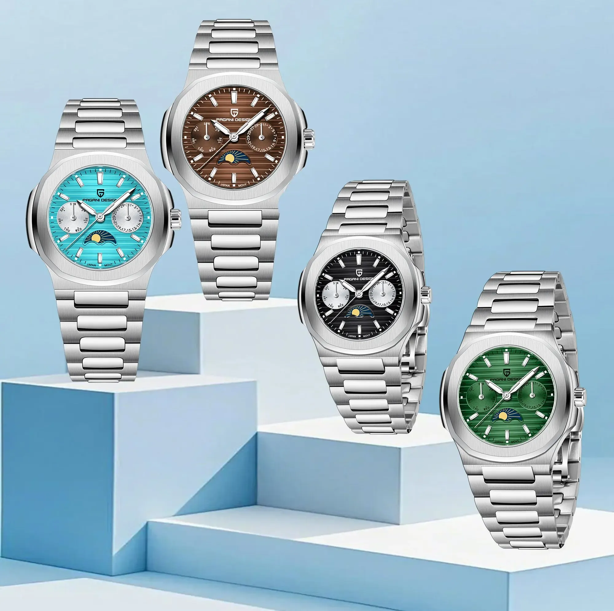 Дамски елегантен кварцов часовник PAGANI DESIGN с лунна фаза и сапфир