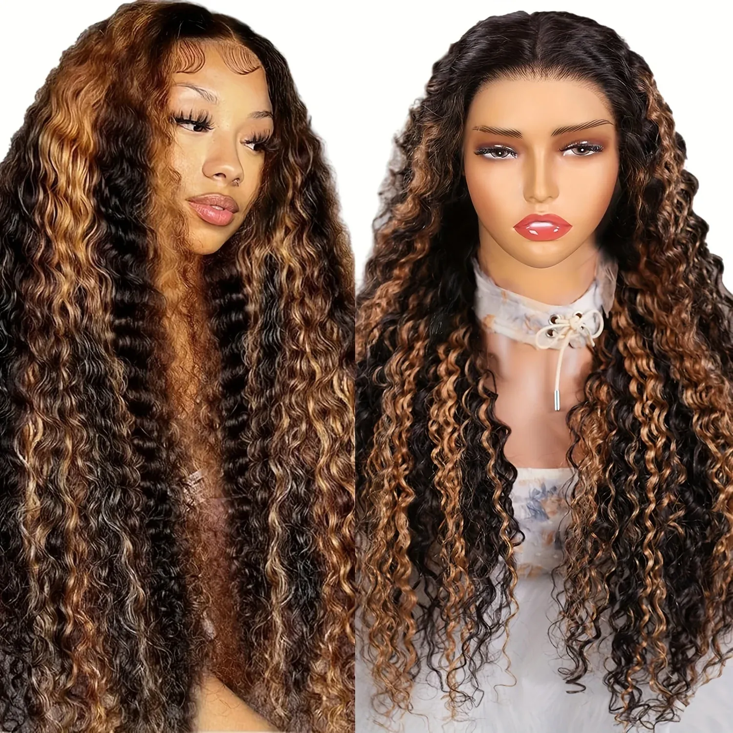 Къдрава дантелена перука от човешка коса 13x6 с акценти