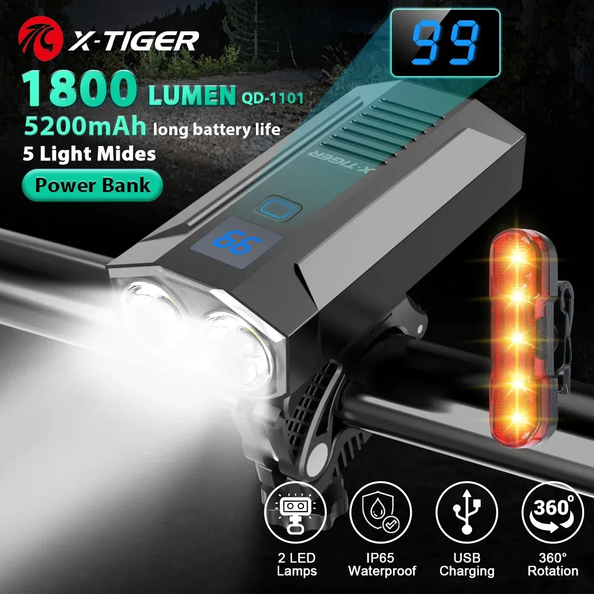 Акумулаторен велосипедeн фар X-TIGER с заден светлинен комплект