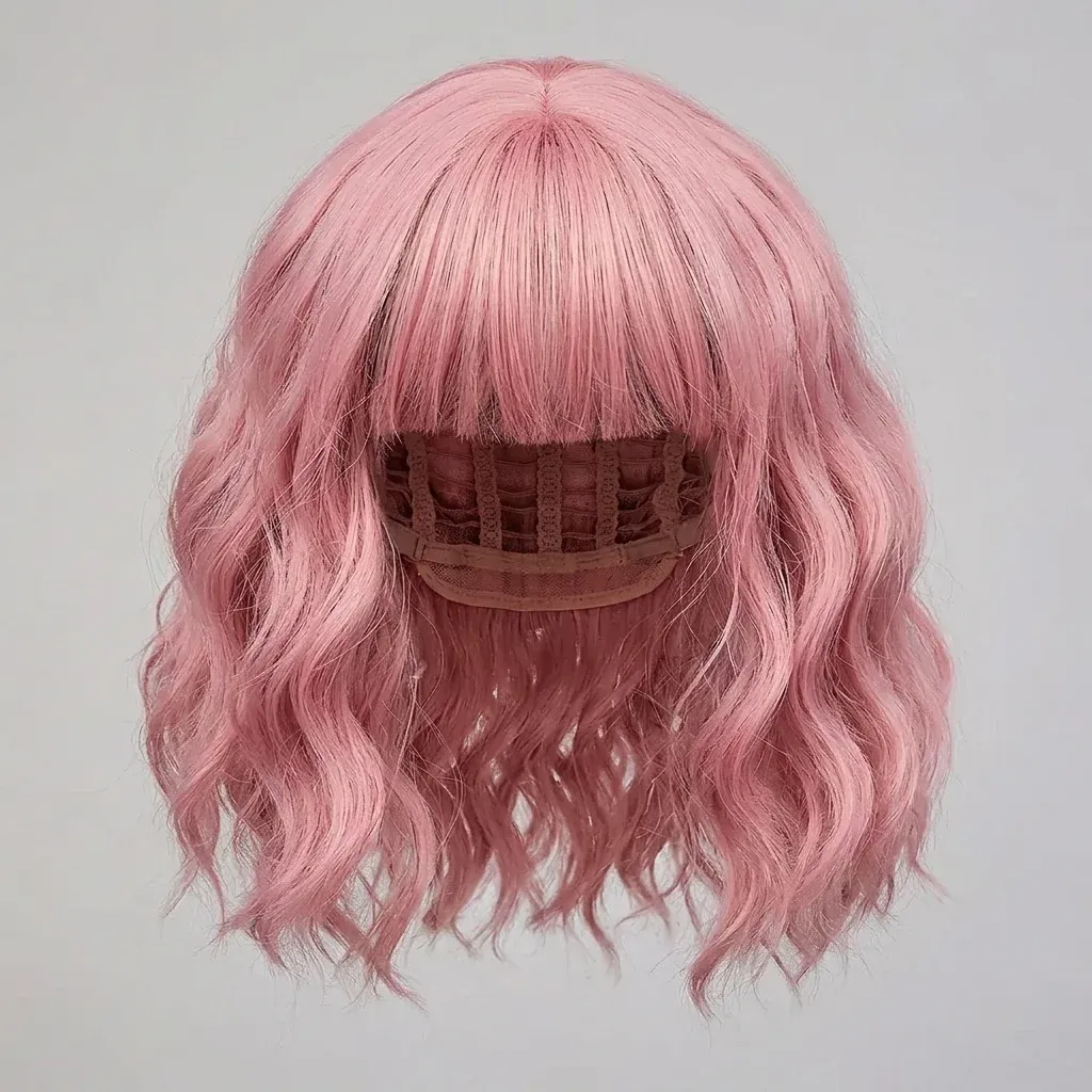 Розова къдрава перука с бретон