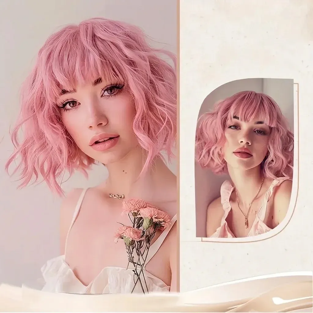 Розова къдрава перука с бретон