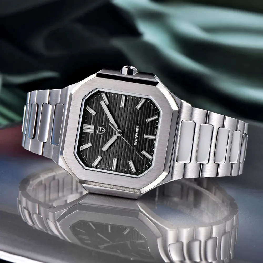 Квадратен бизнес часовник PAGANI DESIGN с сапфир и стоманена верижка