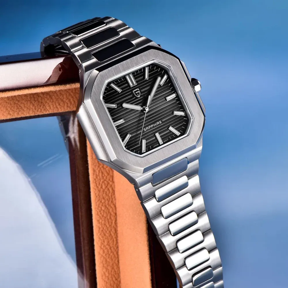 Квадратен бизнес часовник PAGANI DESIGN с сапфир и стоманена верижка