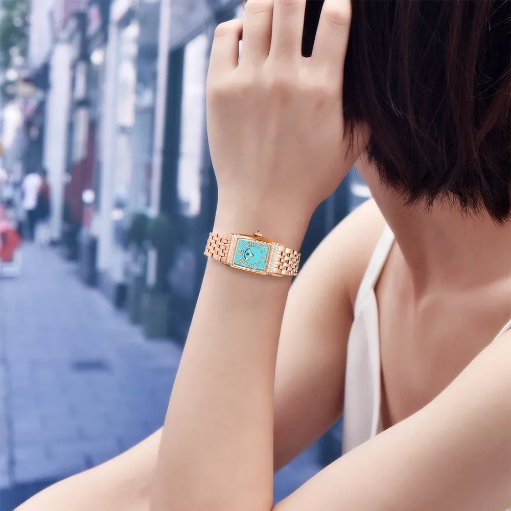 Дамски квадратен кварцов часовник PAGANI DESIGN със сапфир и стоманена верижка