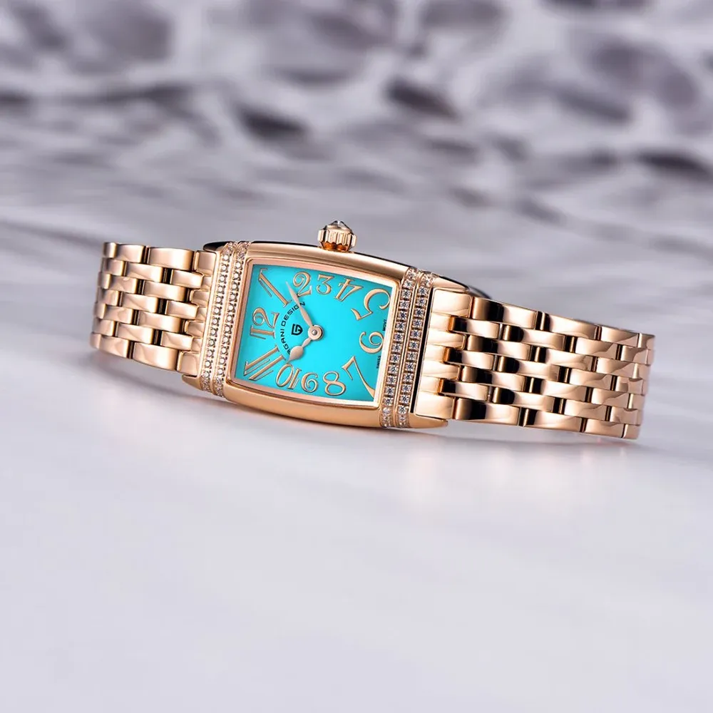 Дамски квадратен кварцов часовник PAGANI DESIGN със сапфир и стоманена верижка