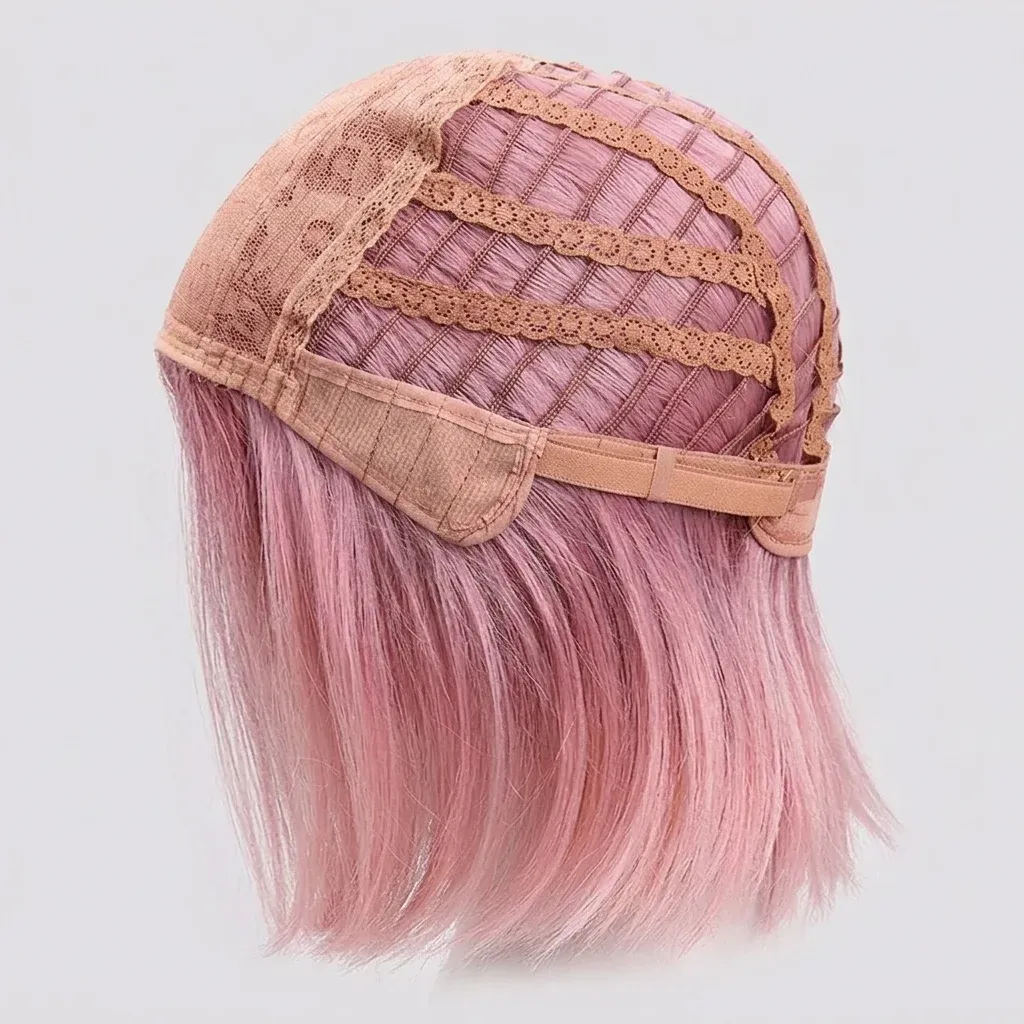 Къса омбре розова перука с бретон