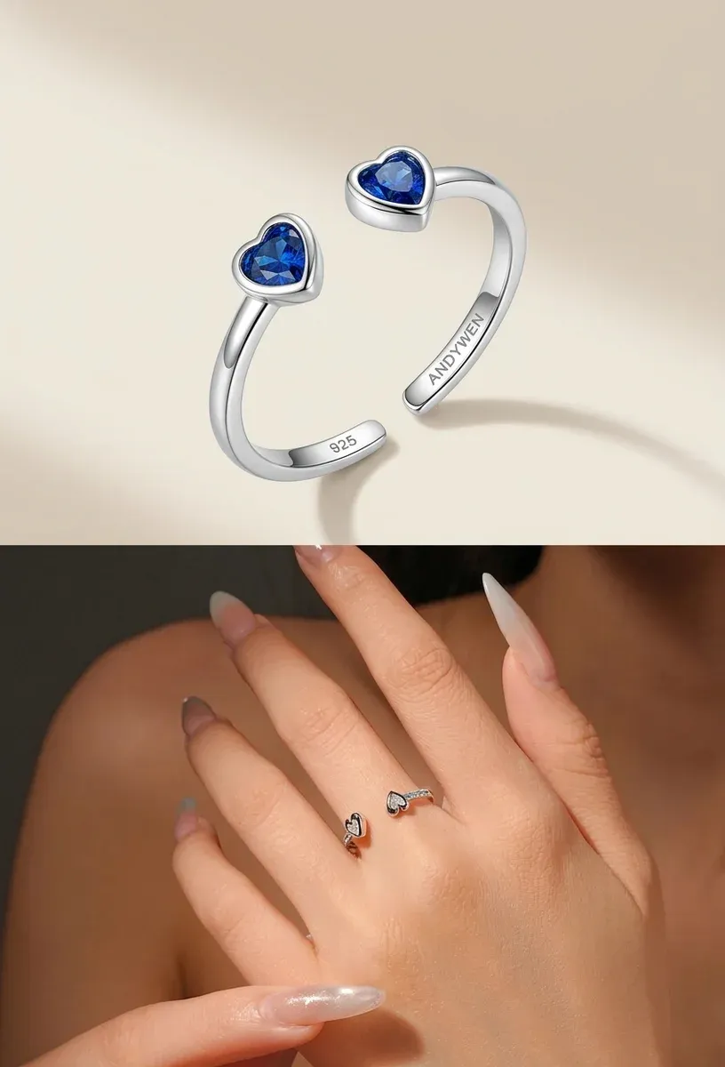 Сребърен пръстен с двойно сърце син циркон