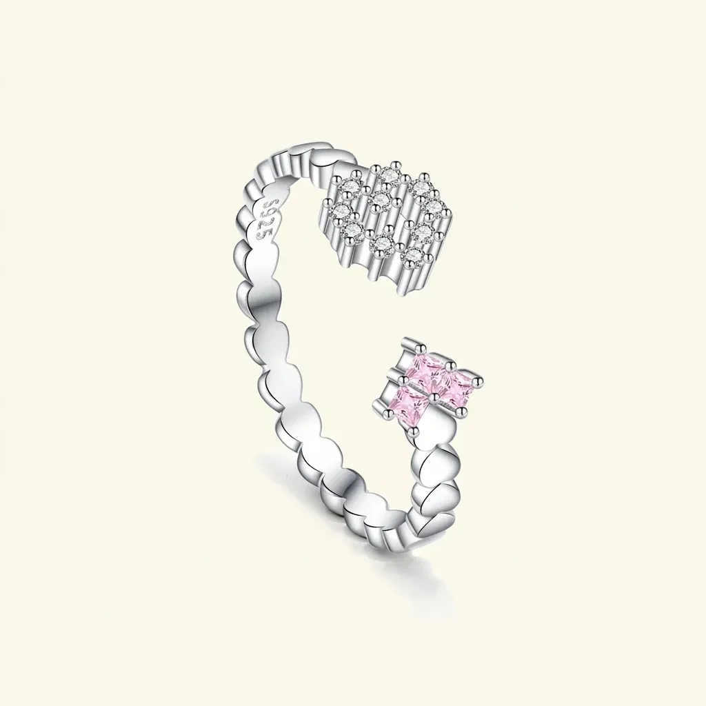 Регулируем сребърен пръстен с розови сърца