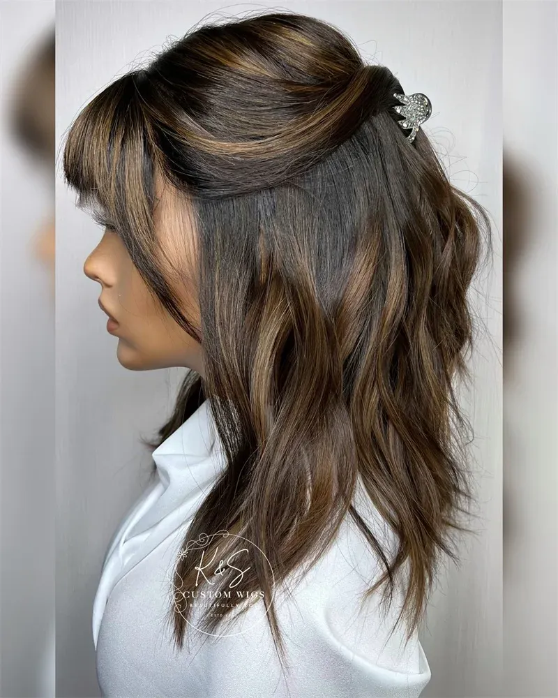 Дамска дантелена перука с бретон и карамелени акценти