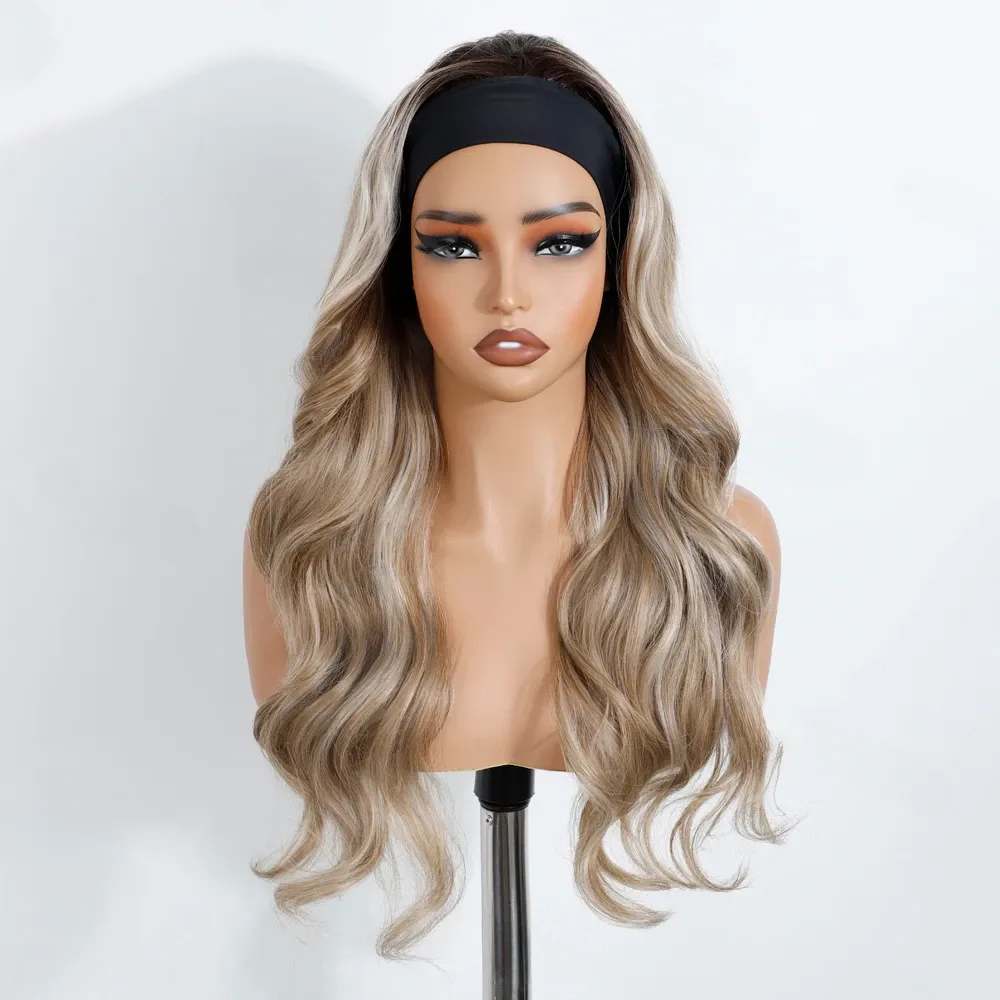 Омбре руса синтетична перука с лента и вълни