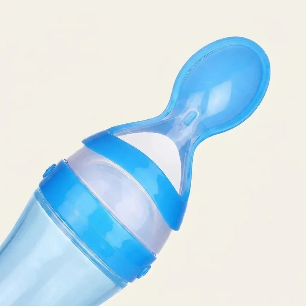 Силиконова бебешка лъжичка-бутилка синя