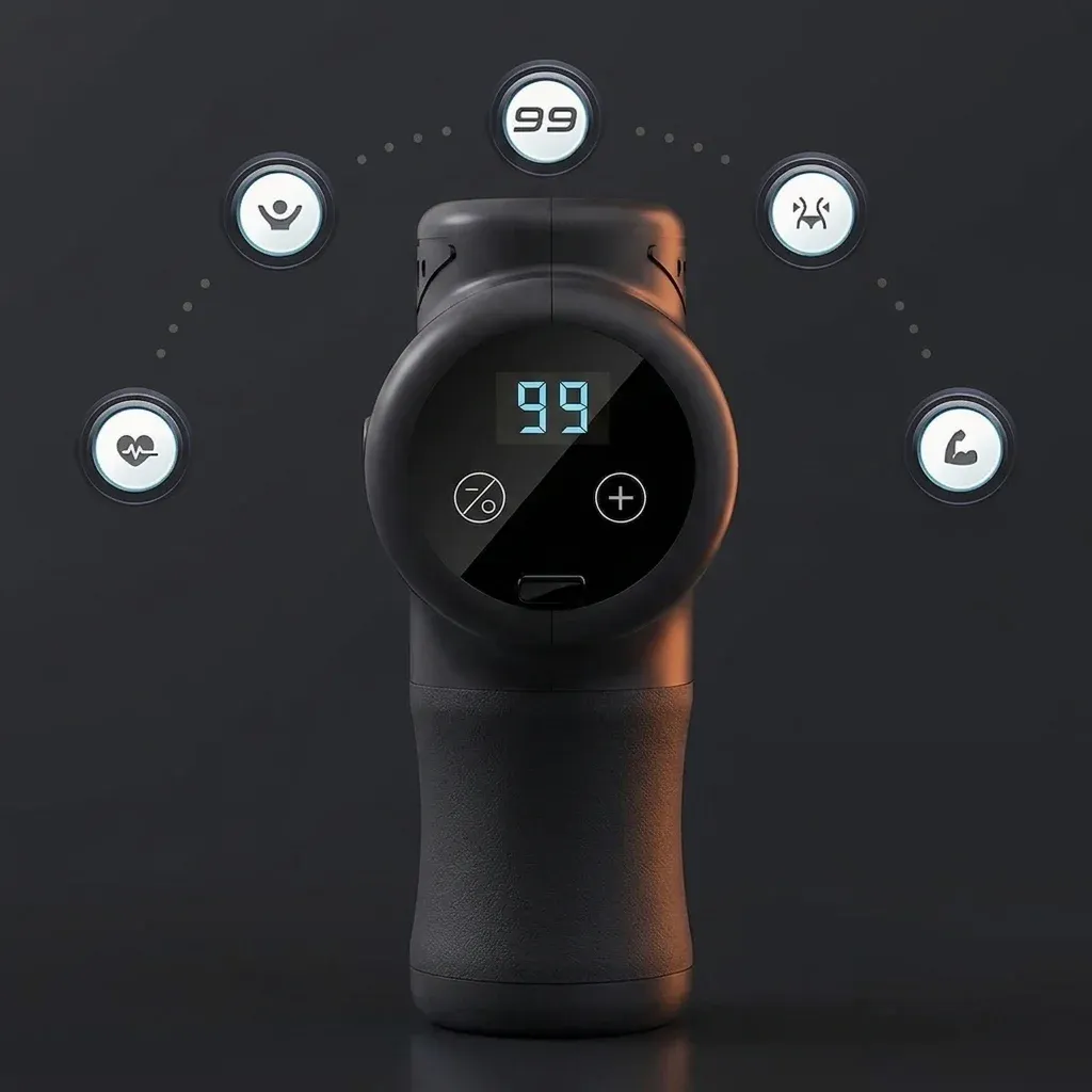 Компактен черен масажен пистолет с дисплей