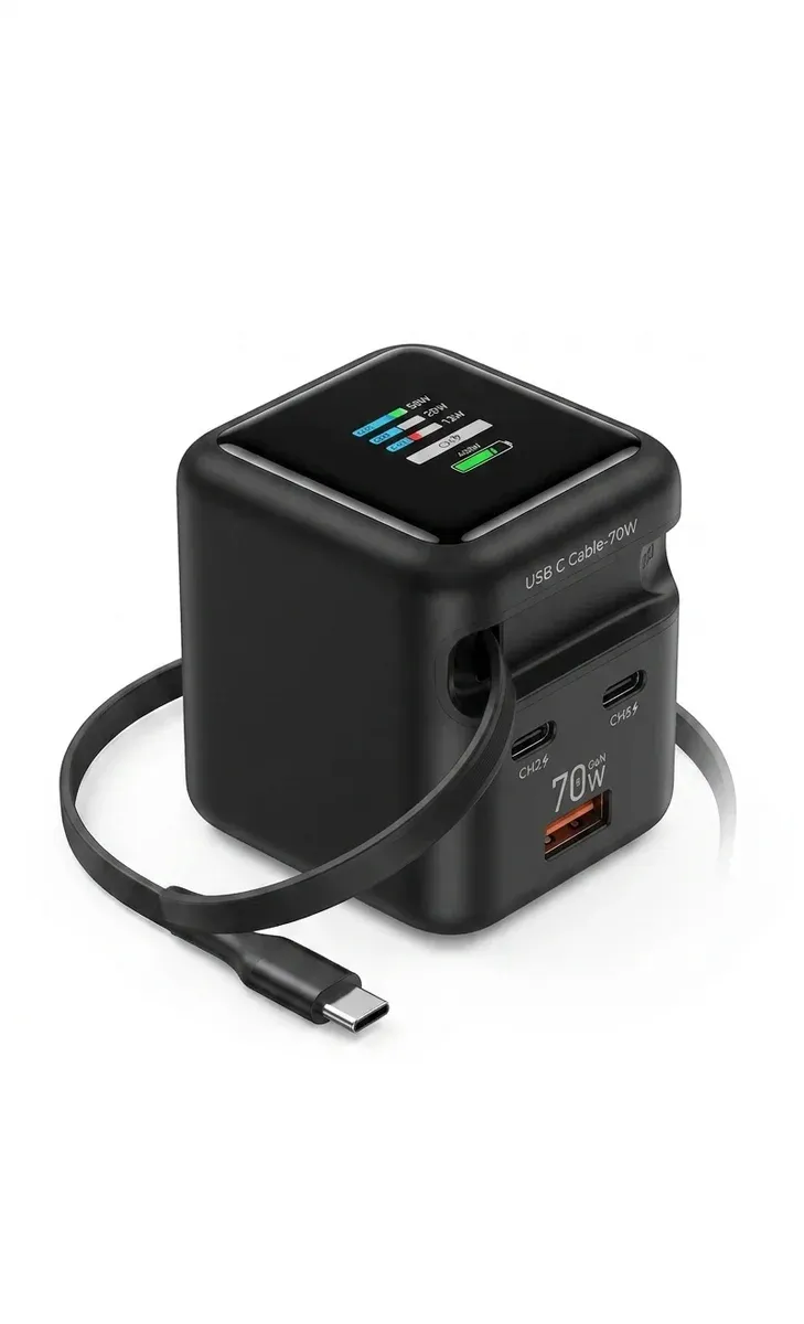 Черно 70W GaN зарядно с дисплей