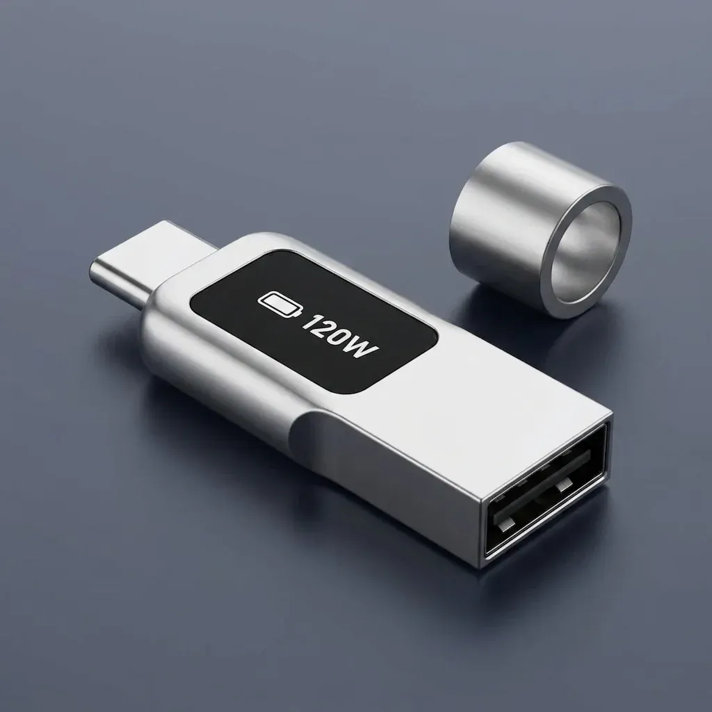 Компактен сребрист OTG адаптер USB-A към USB-C