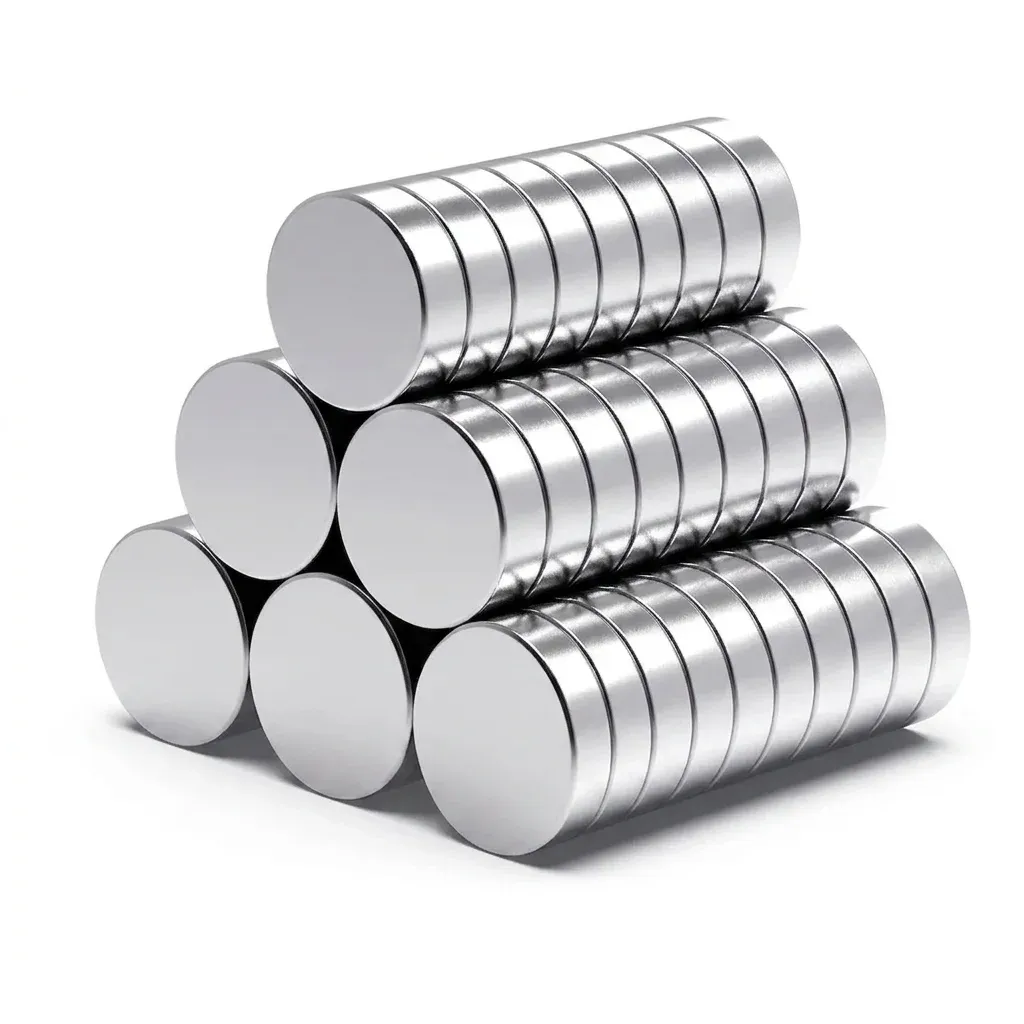 Кръгли сребристи неодимови магнити в стек