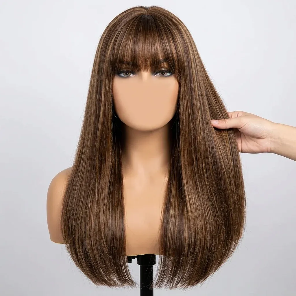 Дълга права кестенява перука с бретон